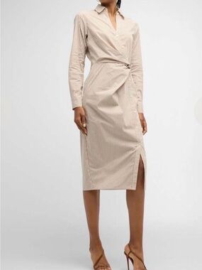 Veronica Beard Wright Striped Beige Wrap Shirtdress with Side Slit